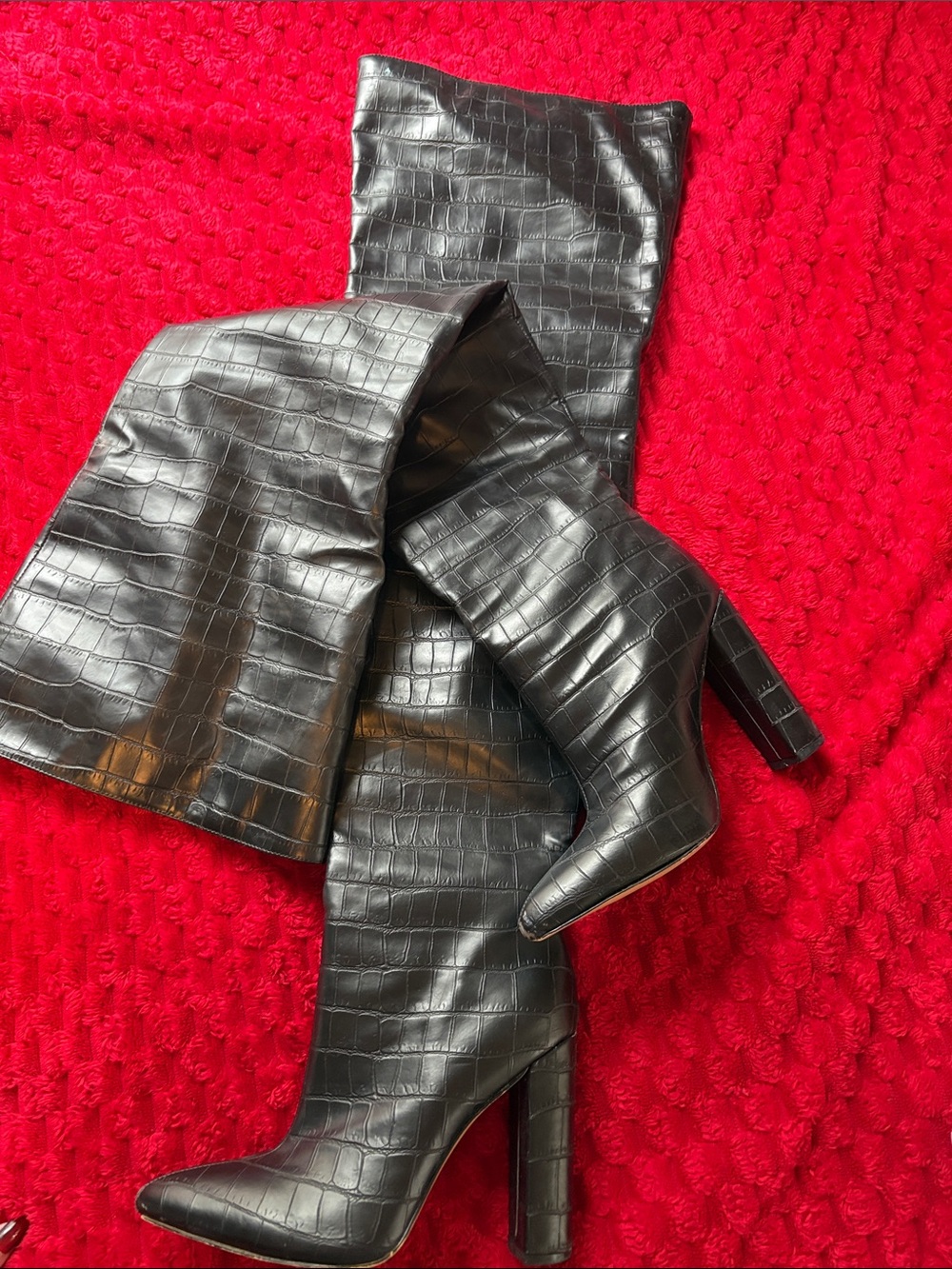 Black Croc-Embossed Over-the-Knee Boots - Classic Women’s Style